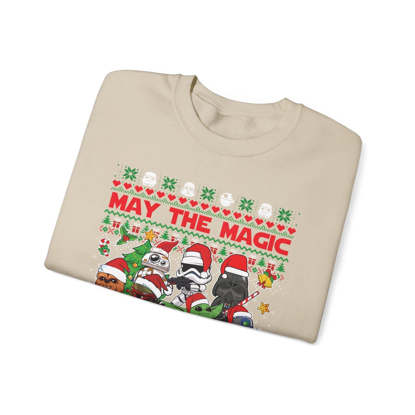 Star Wars Christmas Magic Sweatshirt | May the Holiday Magic Be With You Ugly Christmas Sweater | Retro Sci-Fi Unisex Crewneck