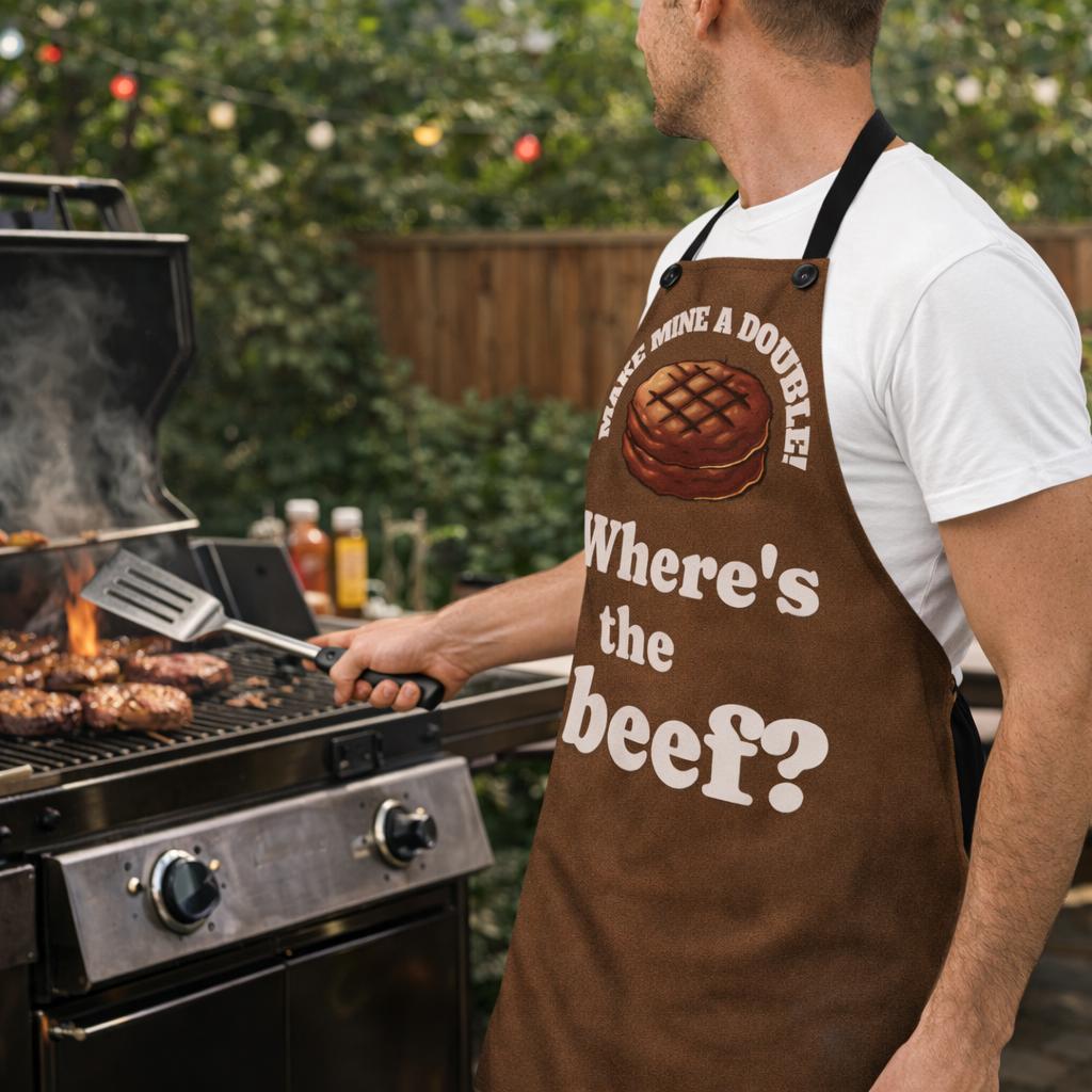 Wheres the Beef Apron | Make Mine a Double | Funny Burger Apron | BBQ Grilling Gift