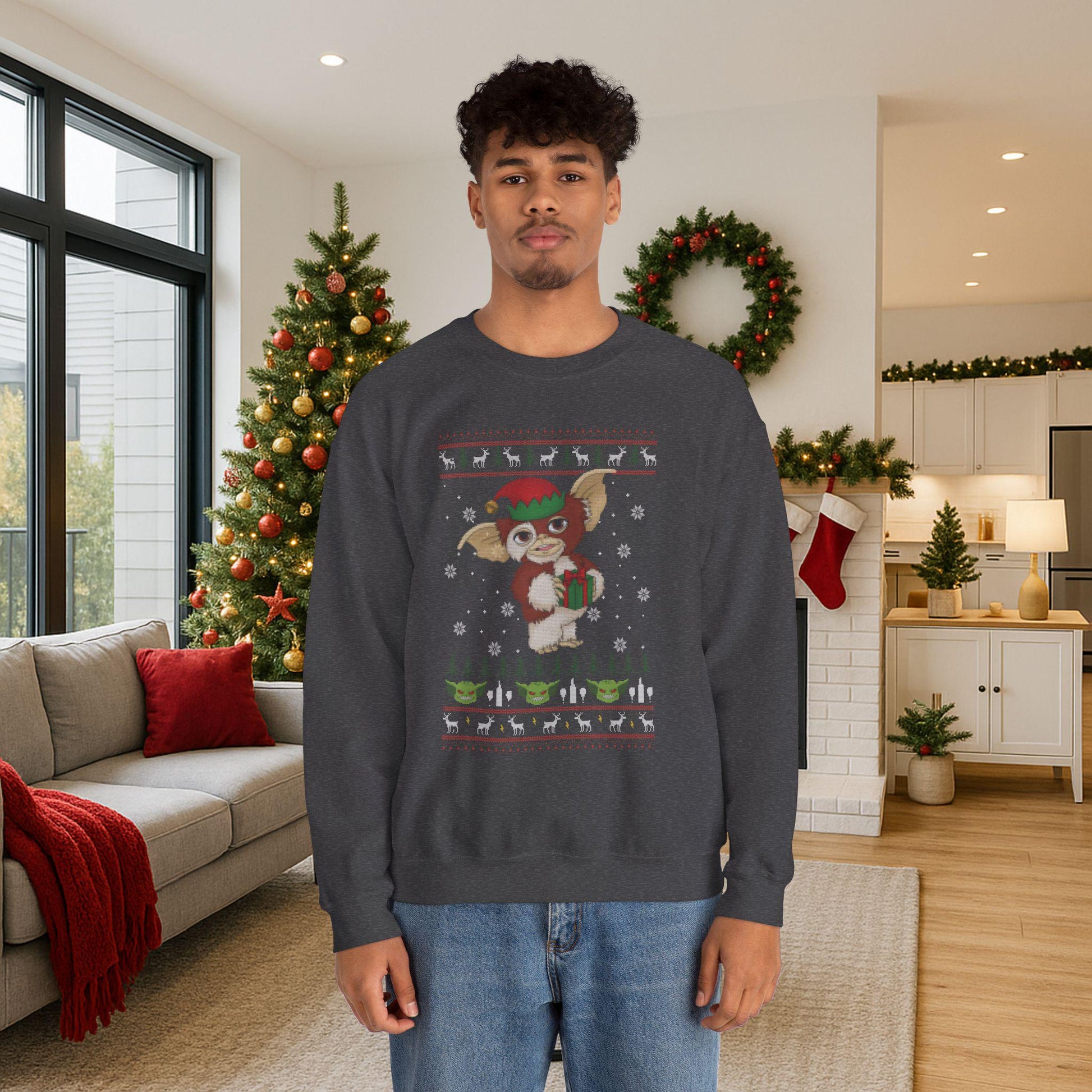Gizmo Gremlins Christmas Sweatshirt | Cute Mogwai Ugly Christmas Sweater | Retro Creature Holiday Top