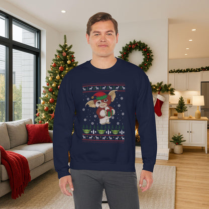 Gizmo Gremlins Christmas Sweatshirt | Cute Mogwai Ugly Christmas Sweater | Retro Creature Holiday Top