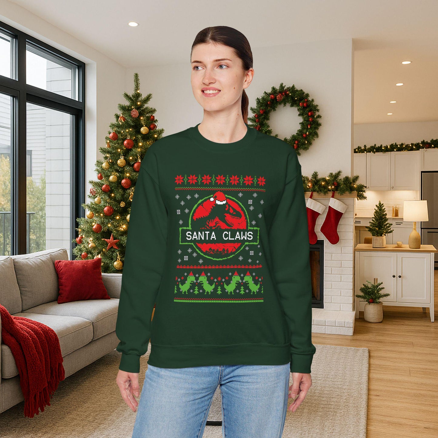 Santa Claws Jurassic Christmas Sweatshirt | Dinosaur Parody Ugly Sweater