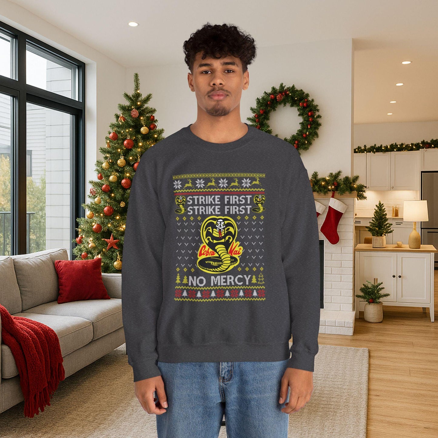 Cobra Kai Ugly Christmas Sweatshirt | Strike First, No Mercy