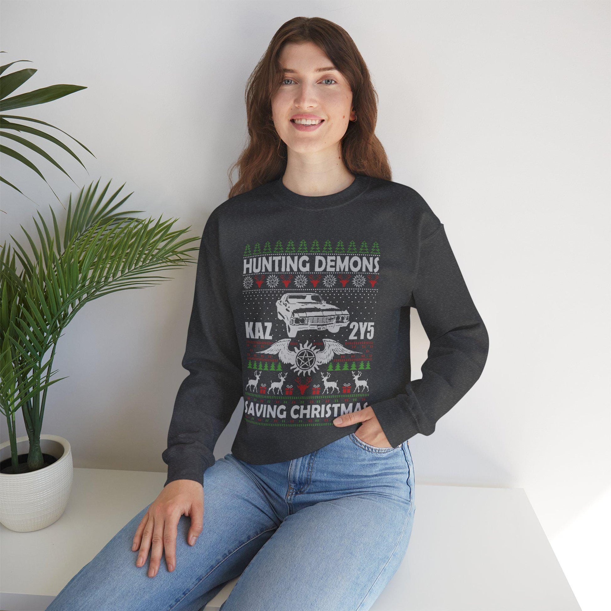 Supernatural Hunting Demons Christmas Sweatshirt | KAZ 2Y5 Impala Ugly Sweater | Saving Christmas Winchester Top