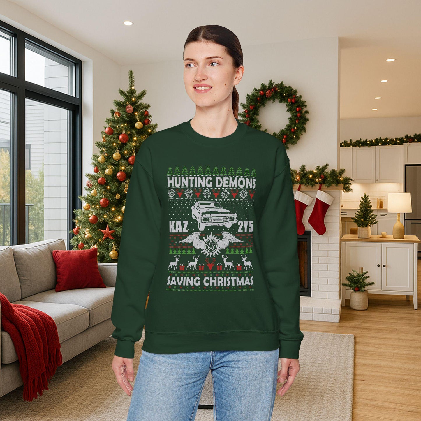 Supernatural Hunting Demons Christmas Sweatshirt | KAZ 2Y5 Impala Ugly Sweater | Saving Christmas Winchester Top
