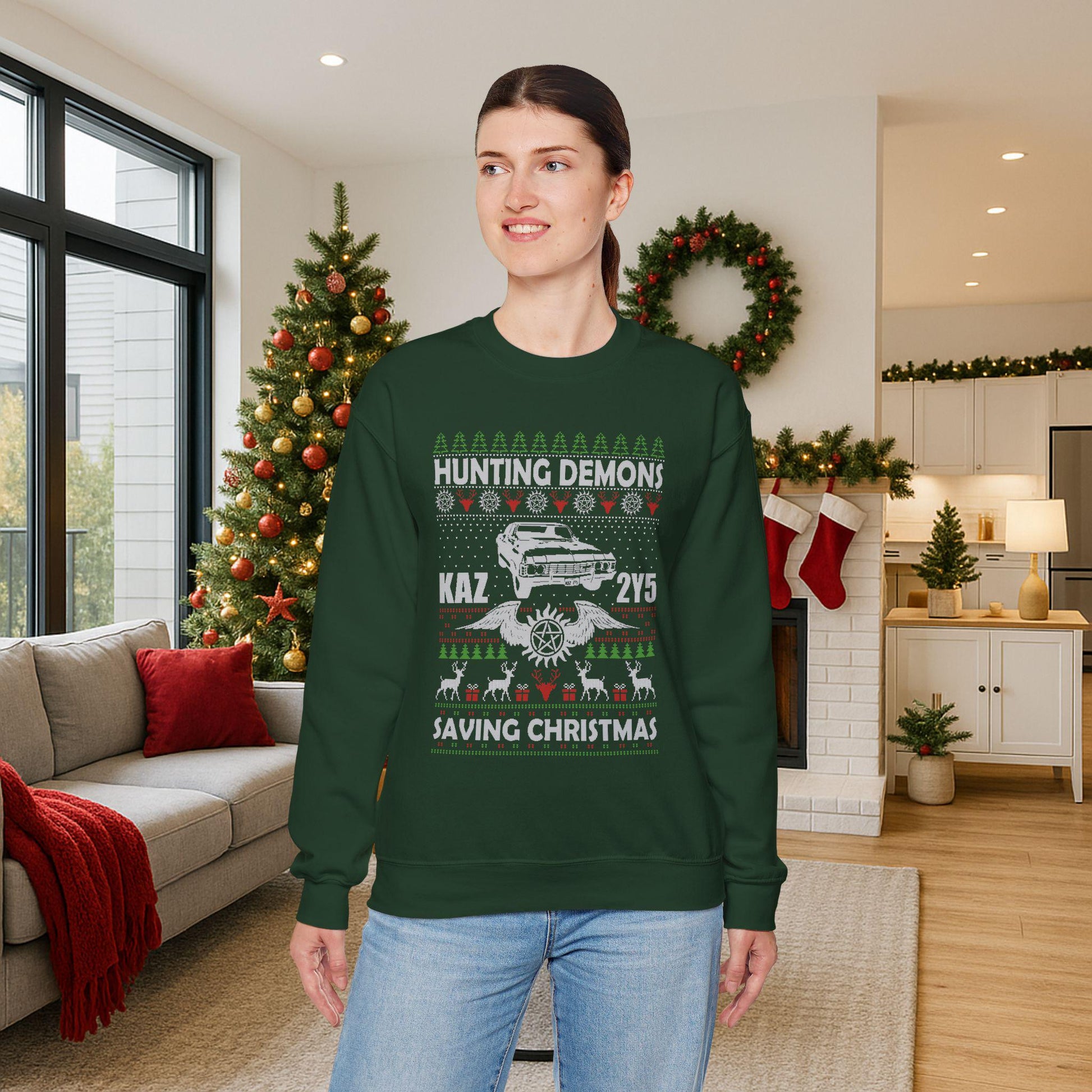 Supernatural Hunting Demons Christmas Sweatshirt | KAZ 2Y5 Impala Ugly Sweater | Saving Christmas Winchester Top