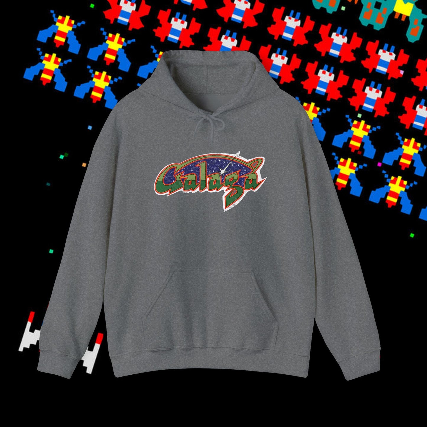 Retro Galaga Distressed Arcade Logo Hoodie | 80s Gamer Sweatshirt