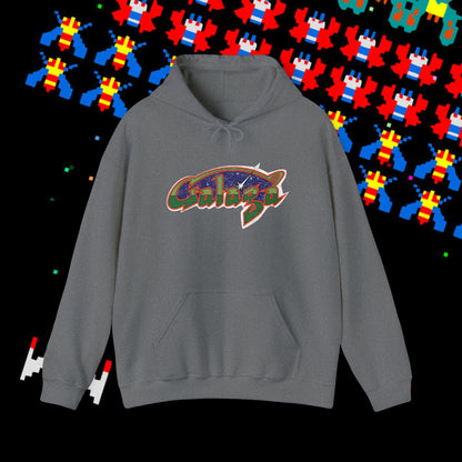 Retro Galaga Distressed Arcade Logo Hoodie | 80s Gamer Sweatshirt
