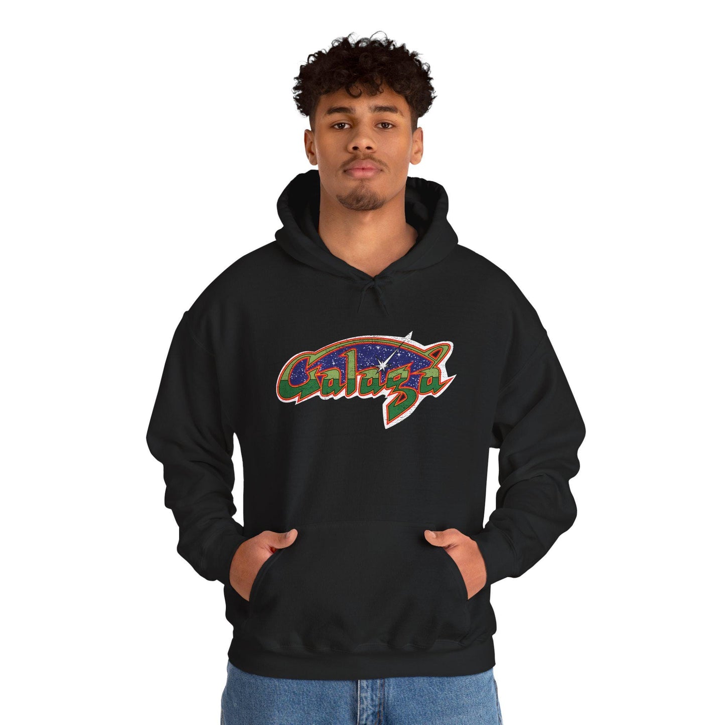 Retro Galaga Distressed Arcade Logo Hoodie | 80s Gamer Sweatshirt