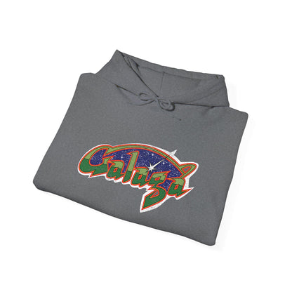 Retro Galaga Distressed Arcade Logo Hoodie | 80s Gamer Sweatshirt