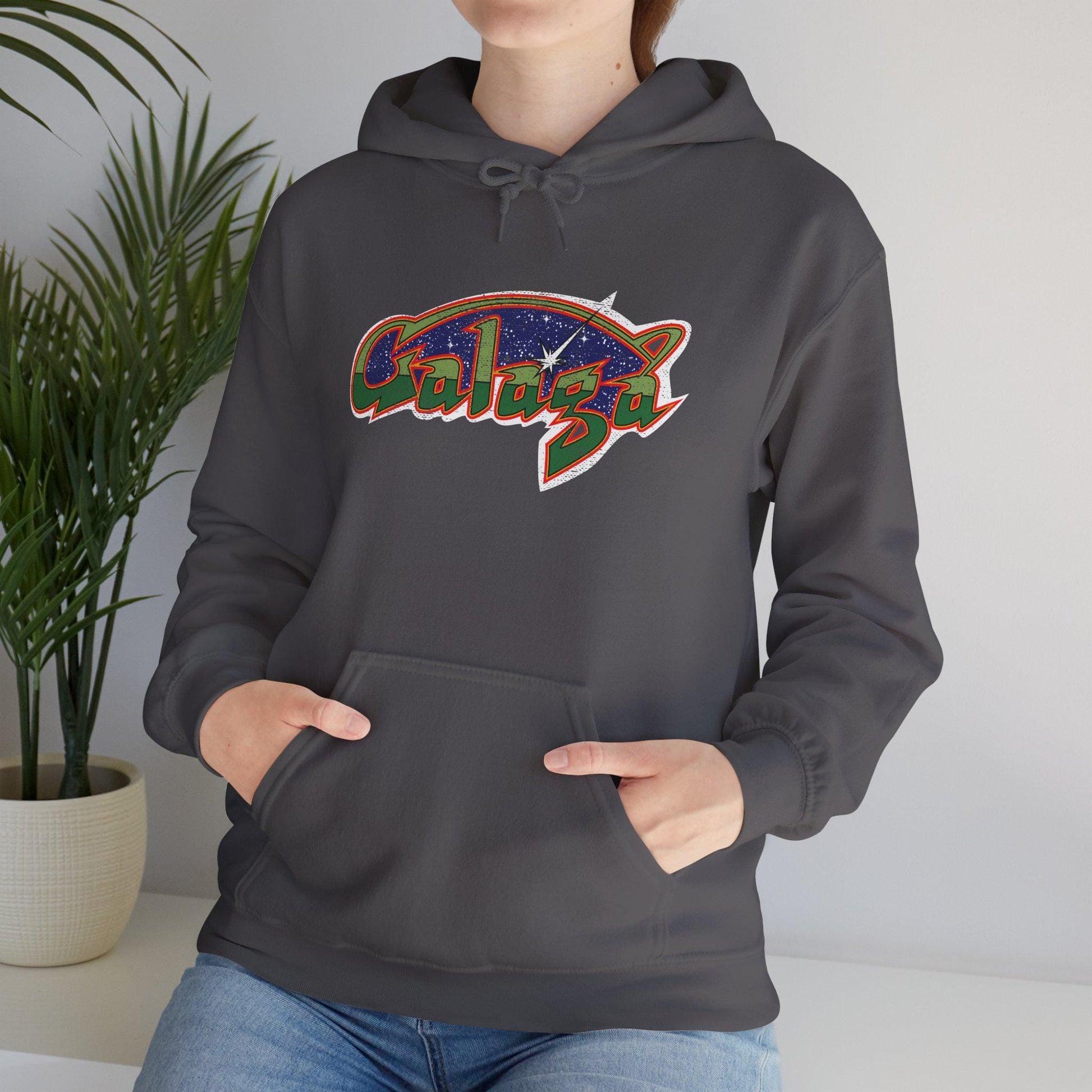 Retro Galaga Distressed Arcade Logo Hoodie | 80s Gamer Sweatshirt