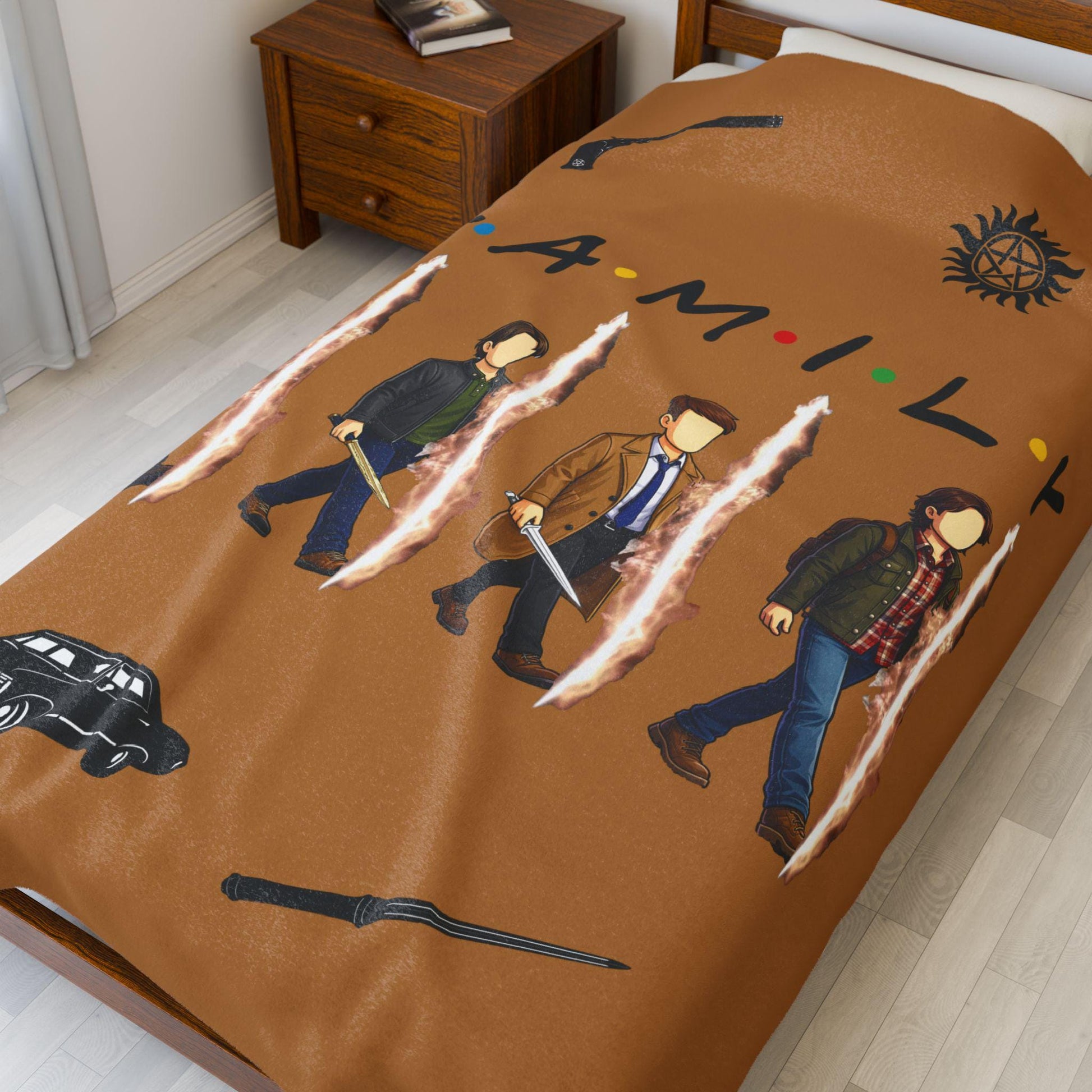 SPN Family Rift Travelers Blanket | Found Family Throw Blanket | Fan-Inspired TV Tribute | Light Brown Blanket (30x40, 50x60, 60x80)