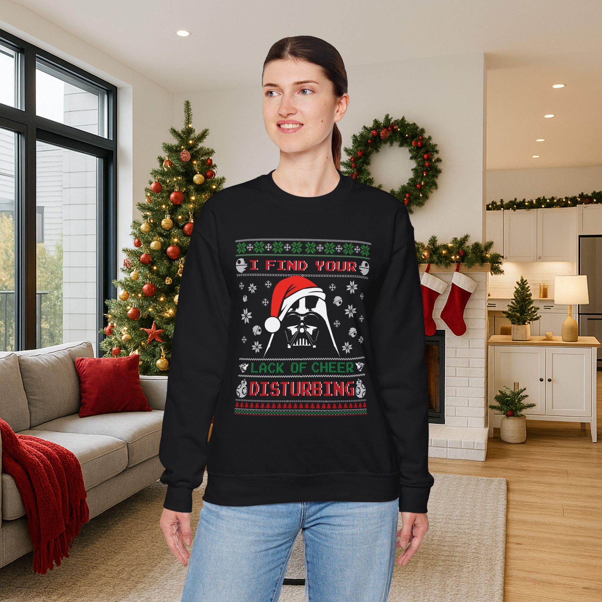 Darth Vader Lack of Cheer Christmas Sweatshirt | Star Wars Parody Ugly Christmas Sweater | Retro Sci Fi Holiday Shirt
