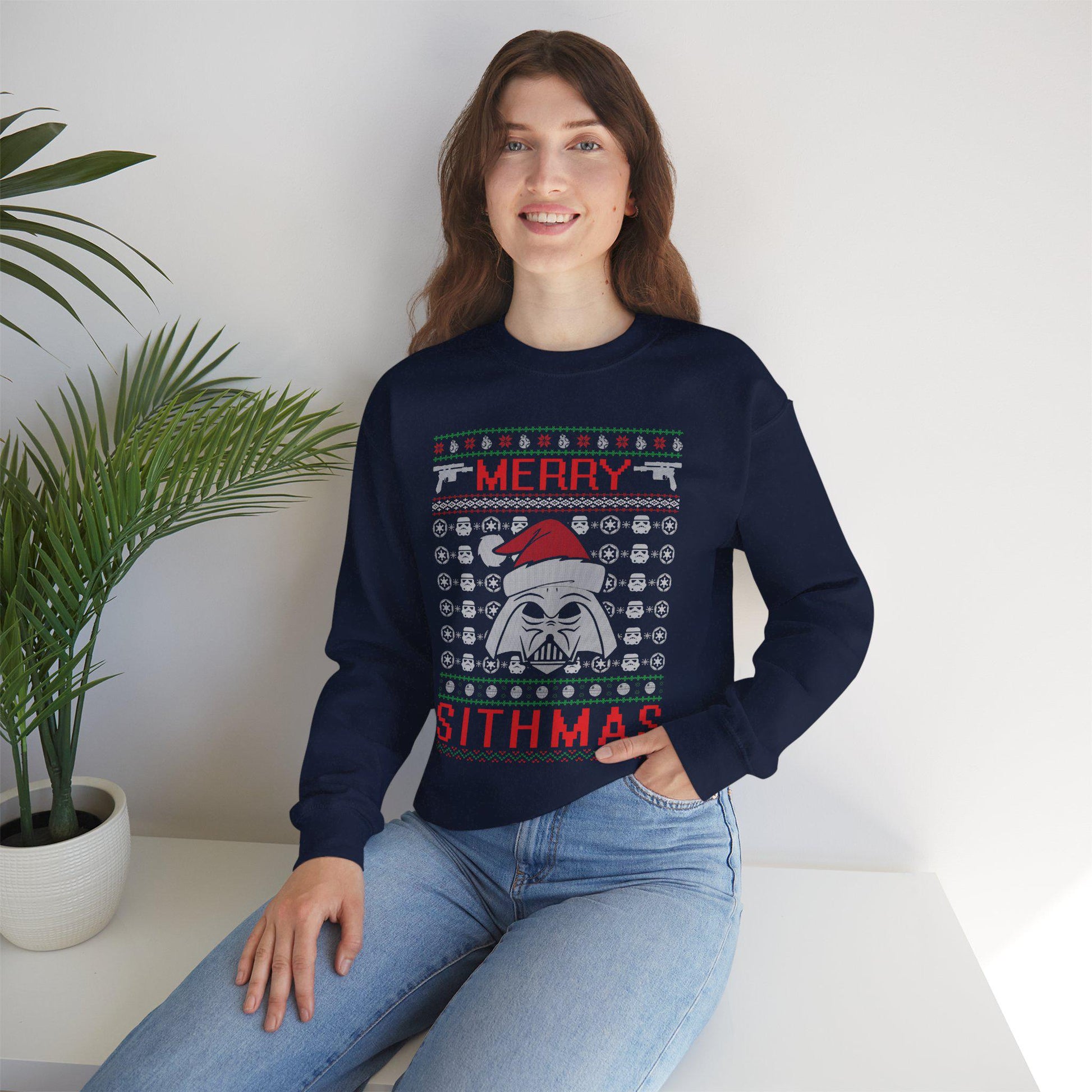 Merry Sithmas Darth Vader Ugly Christmas Sweatshirt | Star Wars Parody Holiday Sweater | Retro Galactic Fleece Crewneck