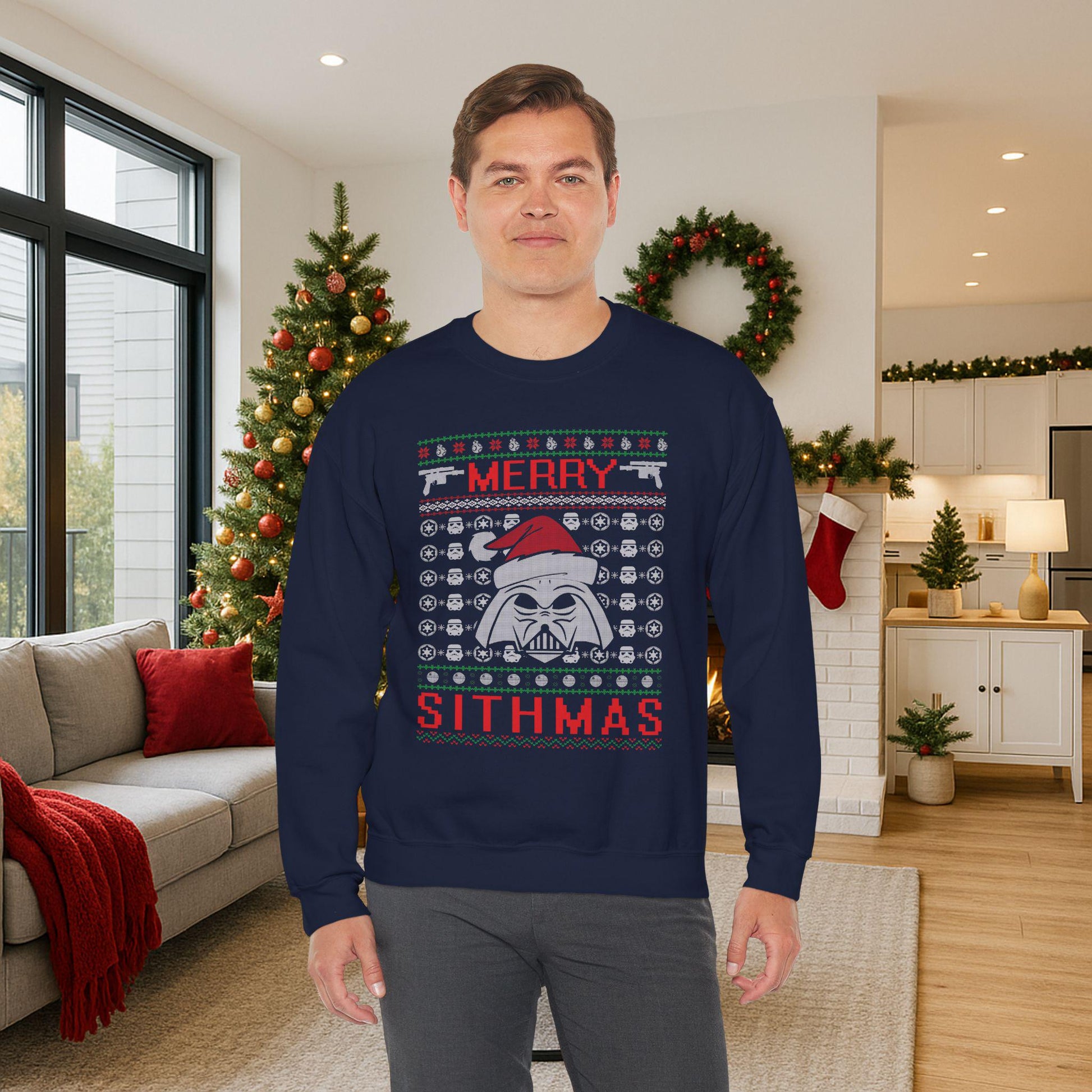 Merry Sithmas Darth Vader Ugly Christmas Sweatshirt | Star Wars Parody Holiday Sweater | Retro Galactic Fleece Crewneck