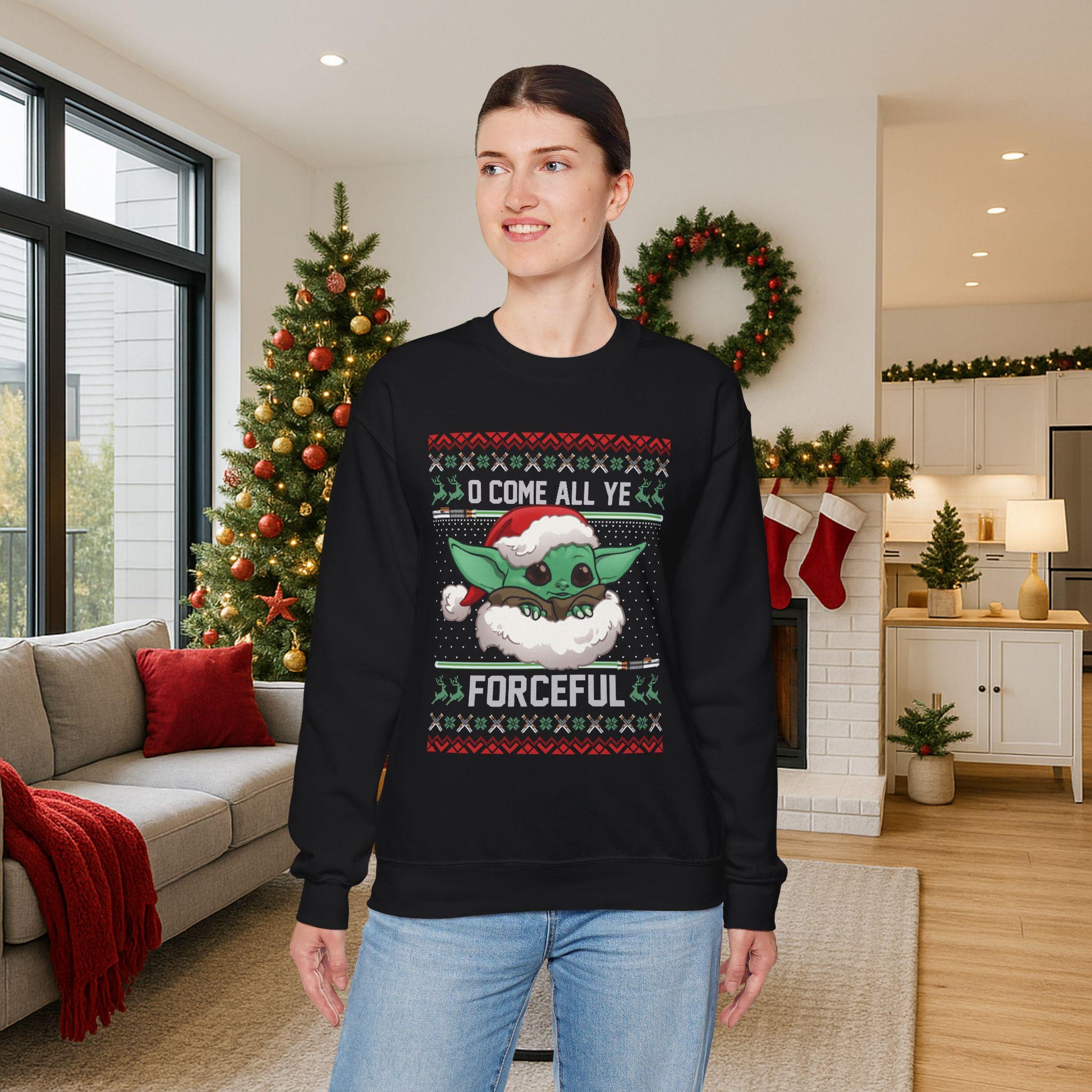 Baby Yoda Merry Forcemas Sweatshirt | Star Wars Grogu Ugly Christmas Sweater | Retro Galactic Holiday Crewneck