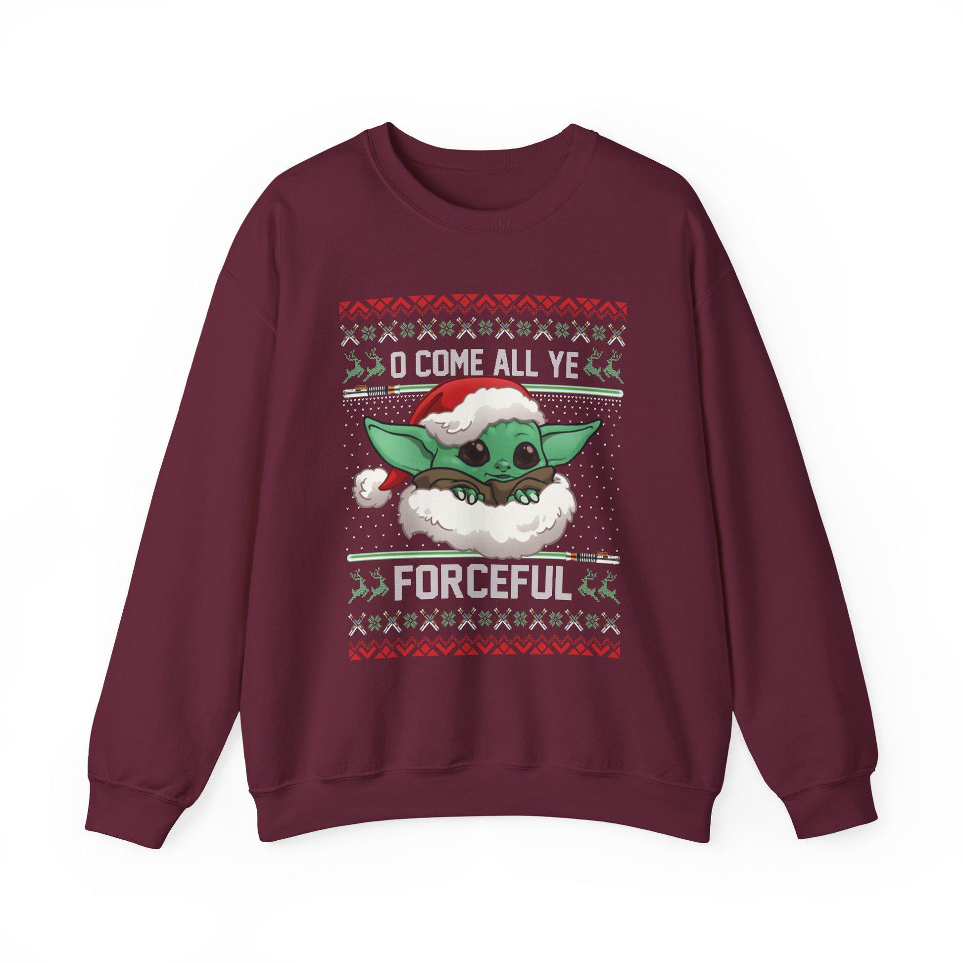 Baby Yoda Merry Forcemas Sweatshirt | Star Wars Grogu Ugly Christmas Sweater | Retro Galactic Holiday Crewneck