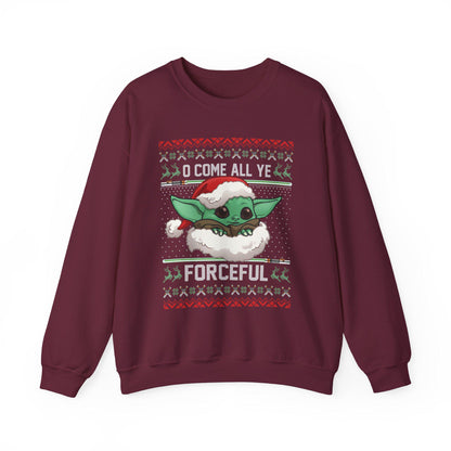 Baby Yoda Merry Forcemas Sweatshirt | Star Wars Grogu Ugly Christmas Sweater | Retro Galactic Holiday Crewneck