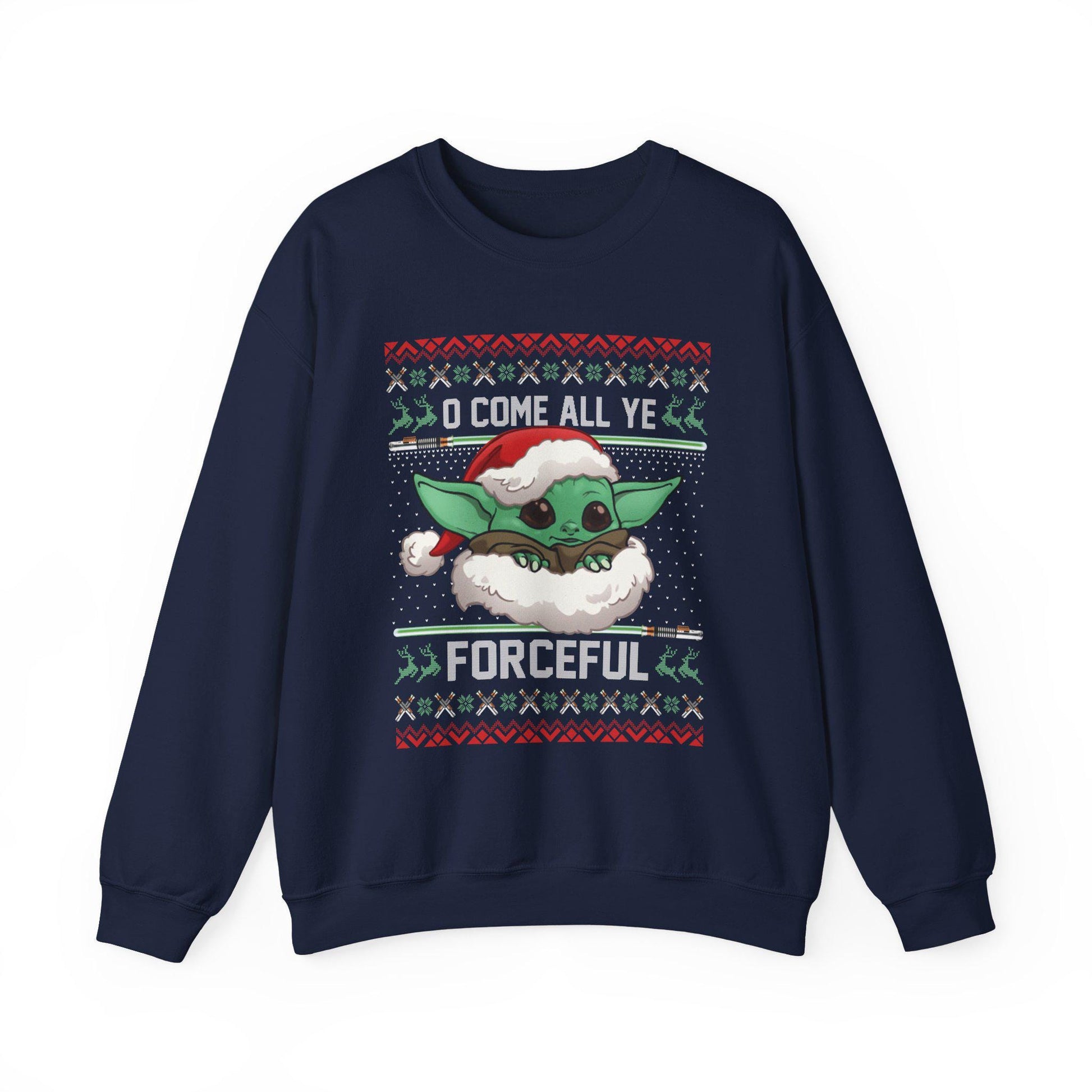 Baby Yoda Merry Forcemas Sweatshirt | Star Wars Grogu Ugly Christmas Sweater | Retro Galactic Holiday Crewneck