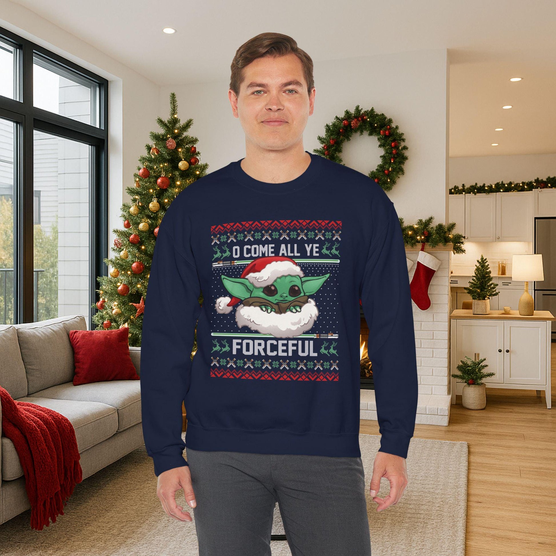 Baby Yoda Merry Forcemas Sweatshirt | Star Wars Grogu Ugly Christmas Sweater | Retro Galactic Holiday Crewneck