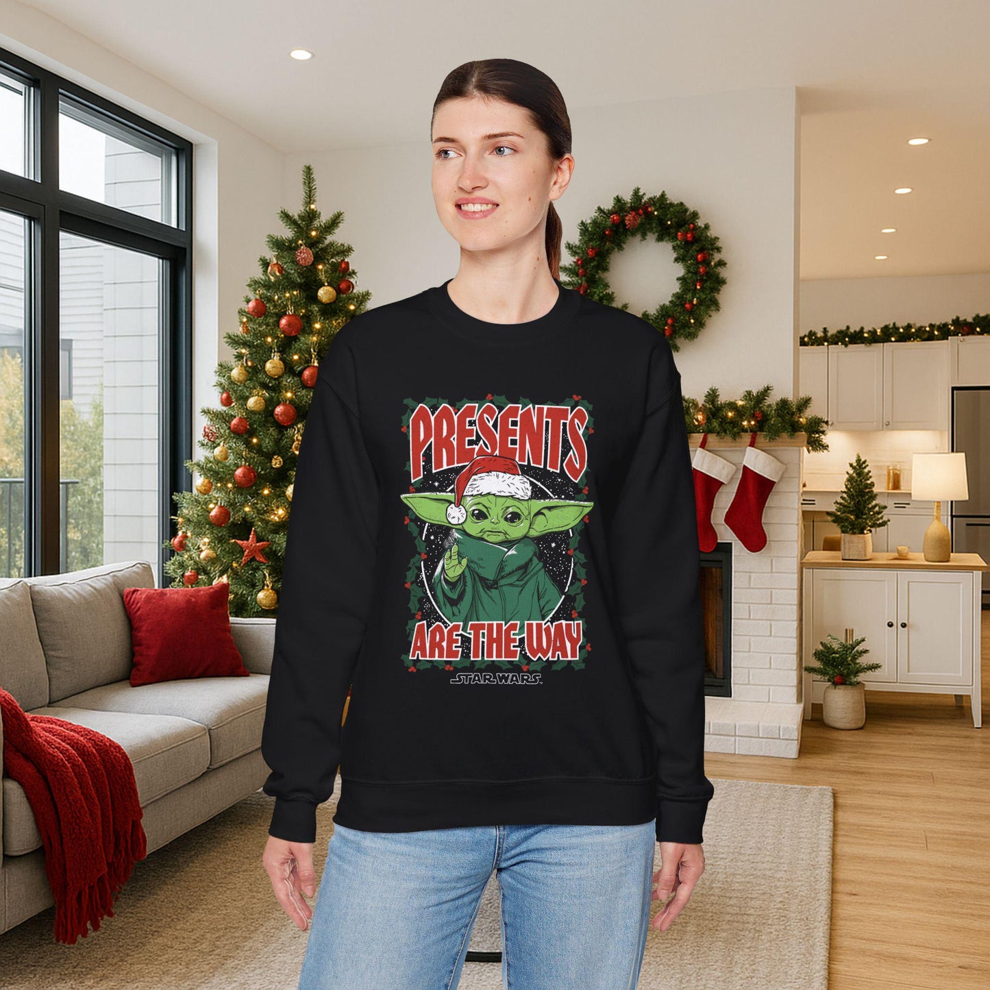 Baby Yoda Presents Are The Way Sweatshirt | Star Wars Ugly Christmas Sweater | Grogu Holiday Gift Top