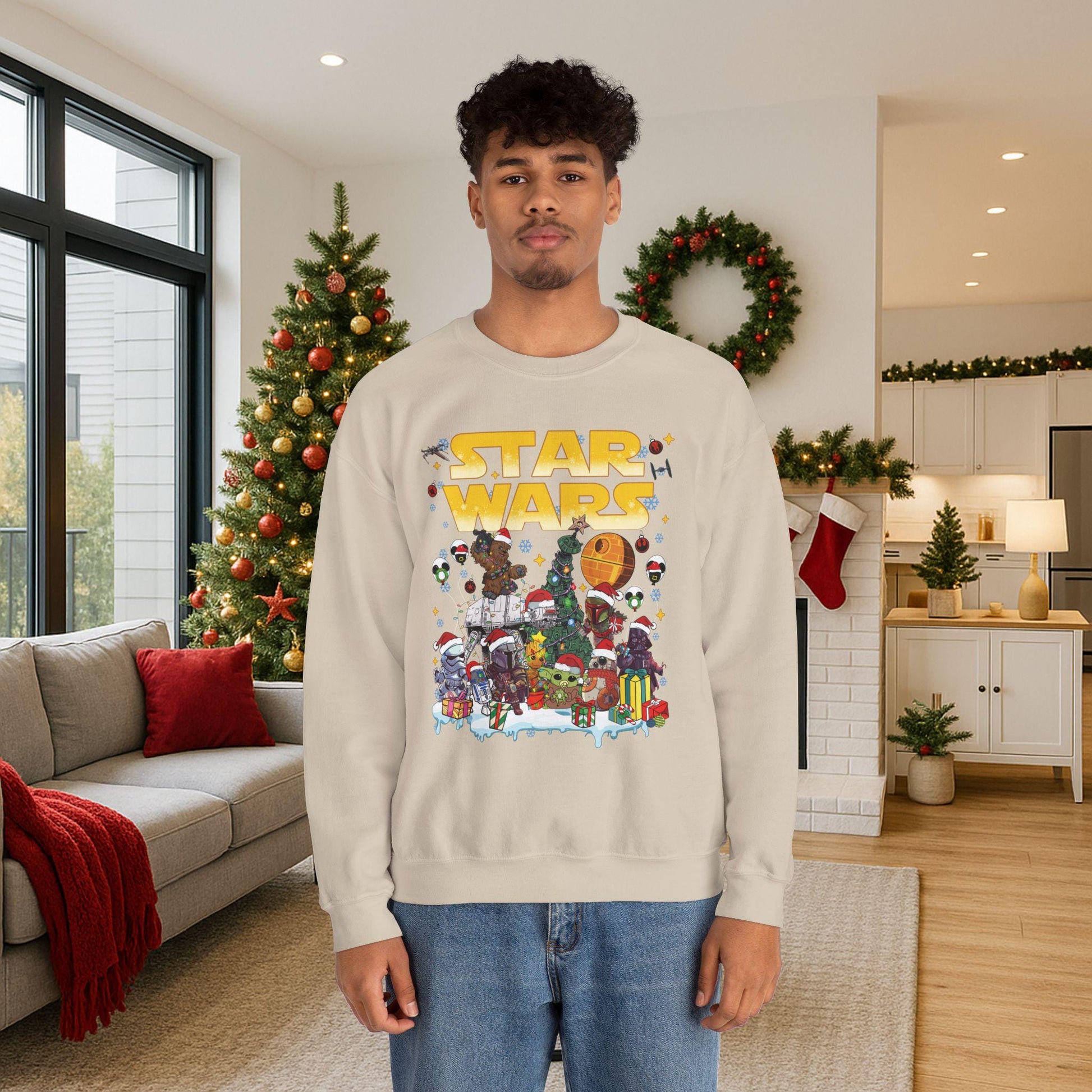 Star Wars Christmas Collage Sweatshirt | Retro Galaxy Holiday Unisex Crewneck | Nerdy Sci-Fi Ugly Christmas Sweater