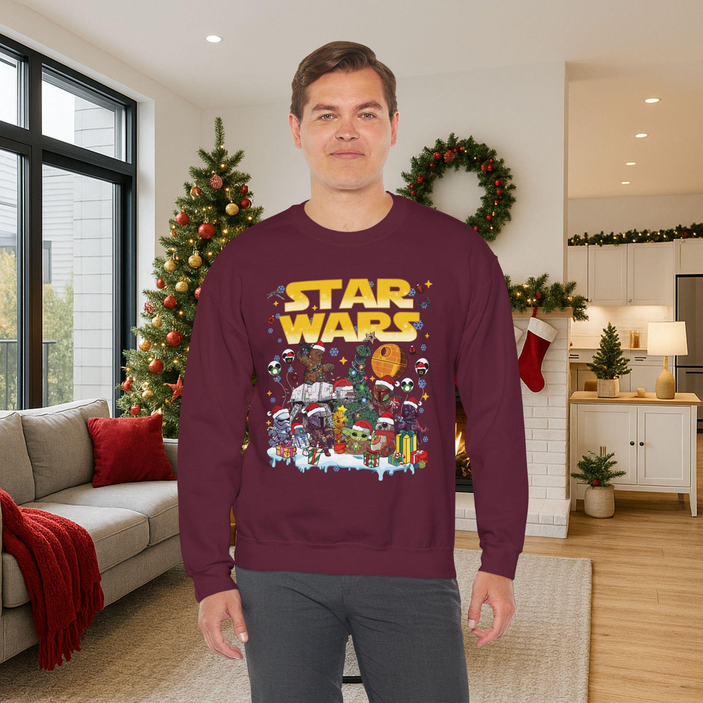 Star Wars Christmas Collage Sweatshirt | Retro Galaxy Holiday Unisex Crewneck | Nerdy Sci-Fi Ugly Christmas Sweater