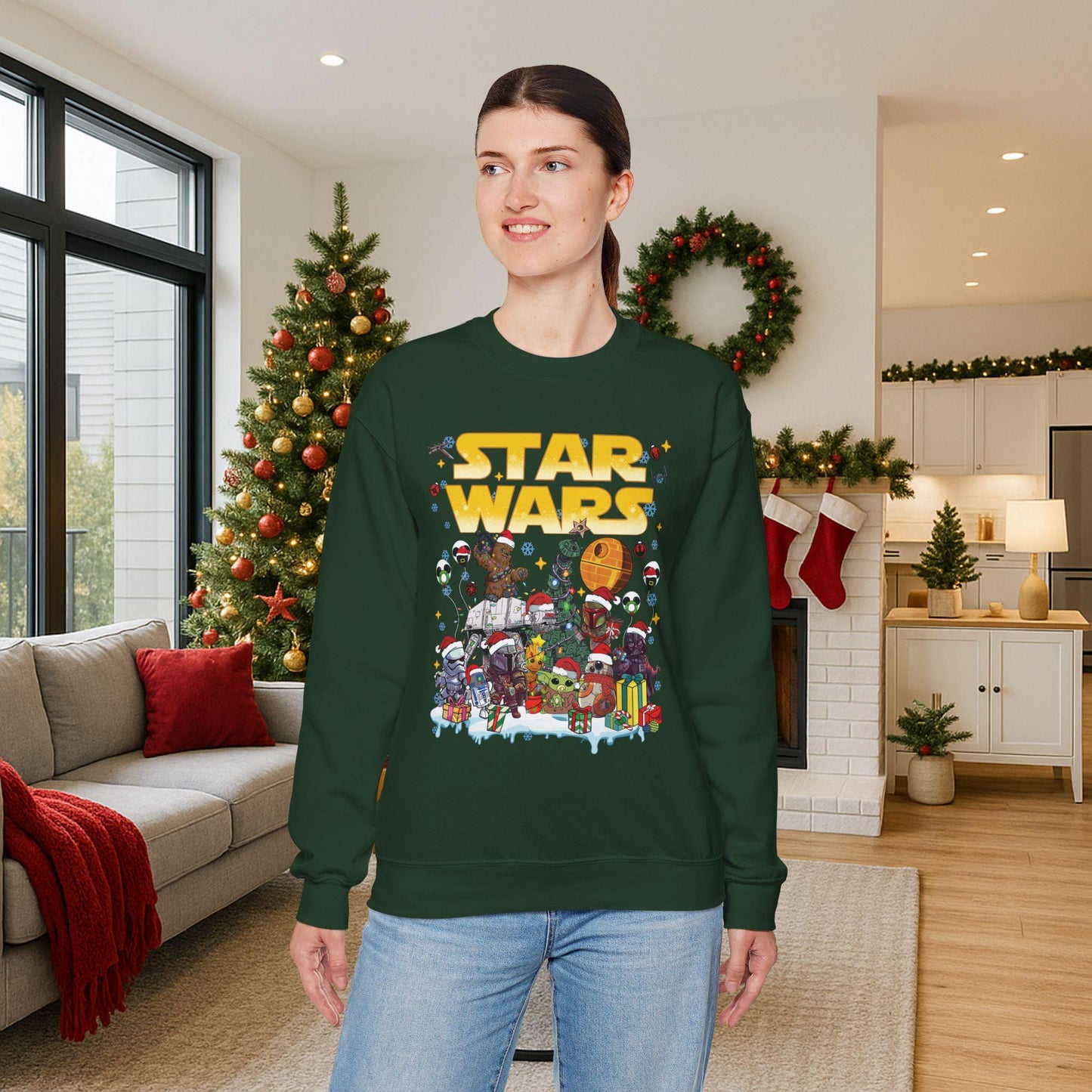 Star Wars Christmas Collage Sweatshirt | Retro Galaxy Holiday Unisex Crewneck | Nerdy Sci-Fi Ugly Christmas Sweater