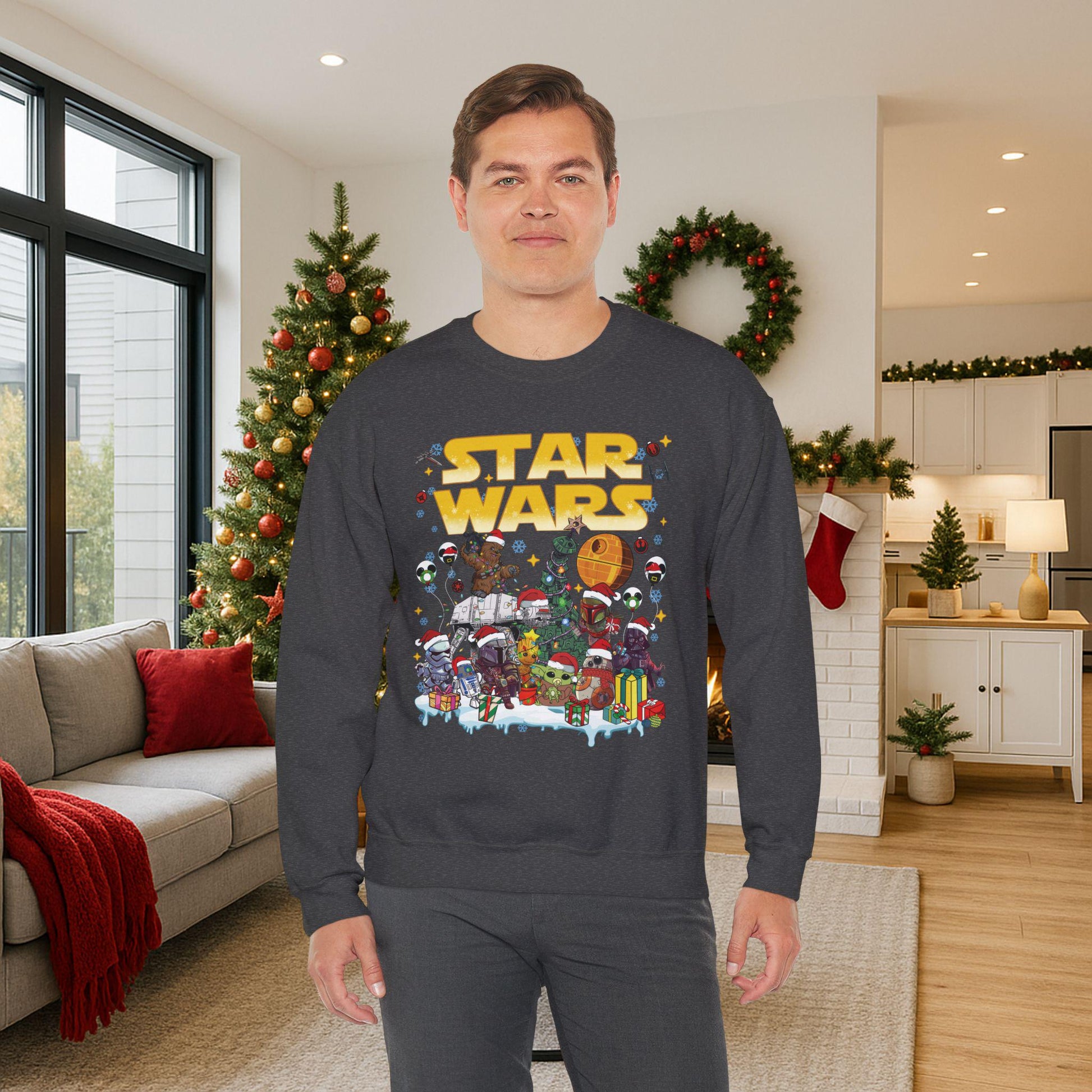 Star Wars Christmas Collage Sweatshirt | Retro Galaxy Holiday Unisex Crewneck | Nerdy Sci-Fi Ugly Christmas Sweater
