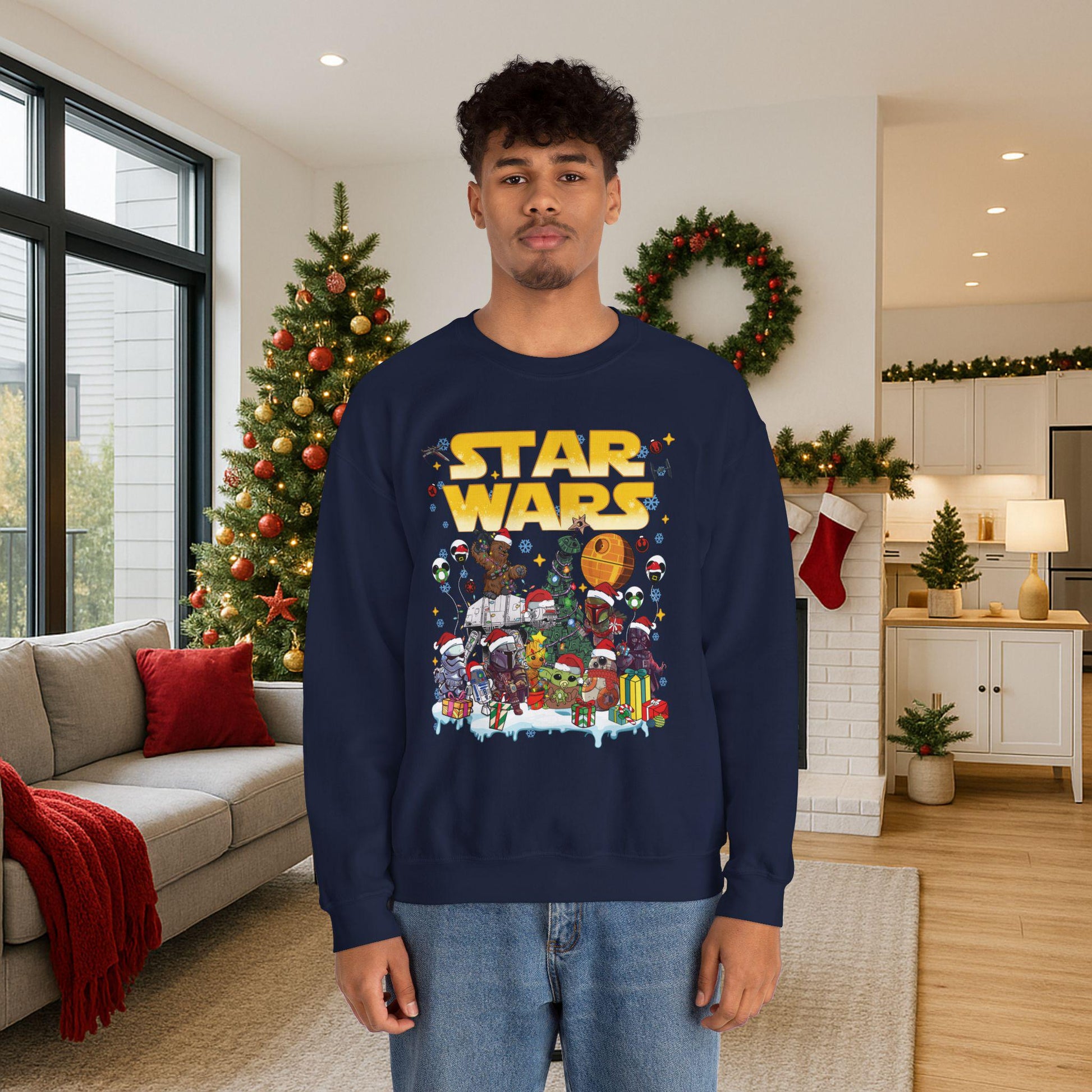 Star Wars Christmas Collage Sweatshirt | Retro Galaxy Holiday Unisex Crewneck | Nerdy Sci-Fi Ugly Christmas Sweater