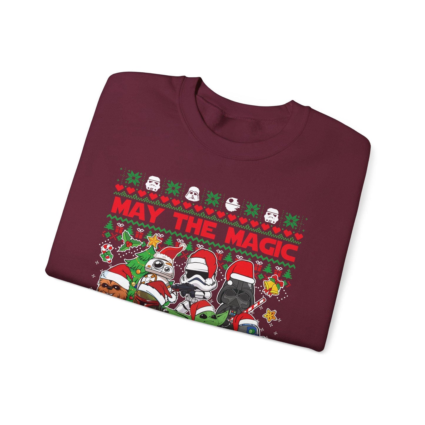 Star Wars Christmas Magic Sweatshirt | May the Holiday Magic Be With You Ugly Christmas Sweater | Retro Sci-Fi Unisex Crewneck