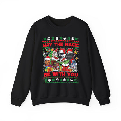 Star Wars Christmas Magic Sweatshirt | May the Holiday Magic Be With You Ugly Christmas Sweater | Retro Sci-Fi Unisex Crewneck