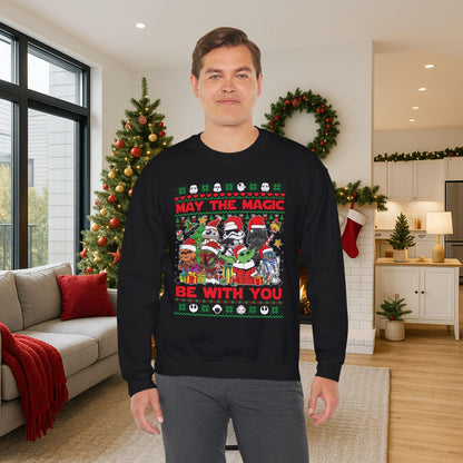 Star Wars Christmas Magic Sweatshirt | May the Holiday Magic Be With You Ugly Christmas Sweater | Retro Sci-Fi Unisex Crewneck
