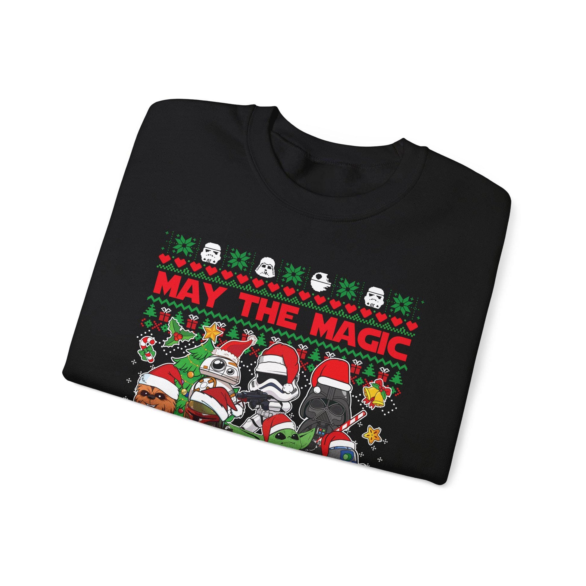 Star Wars Christmas Magic Sweatshirt | May the Holiday Magic Be With You Ugly Christmas Sweater | Retro Sci-Fi Unisex Crewneck