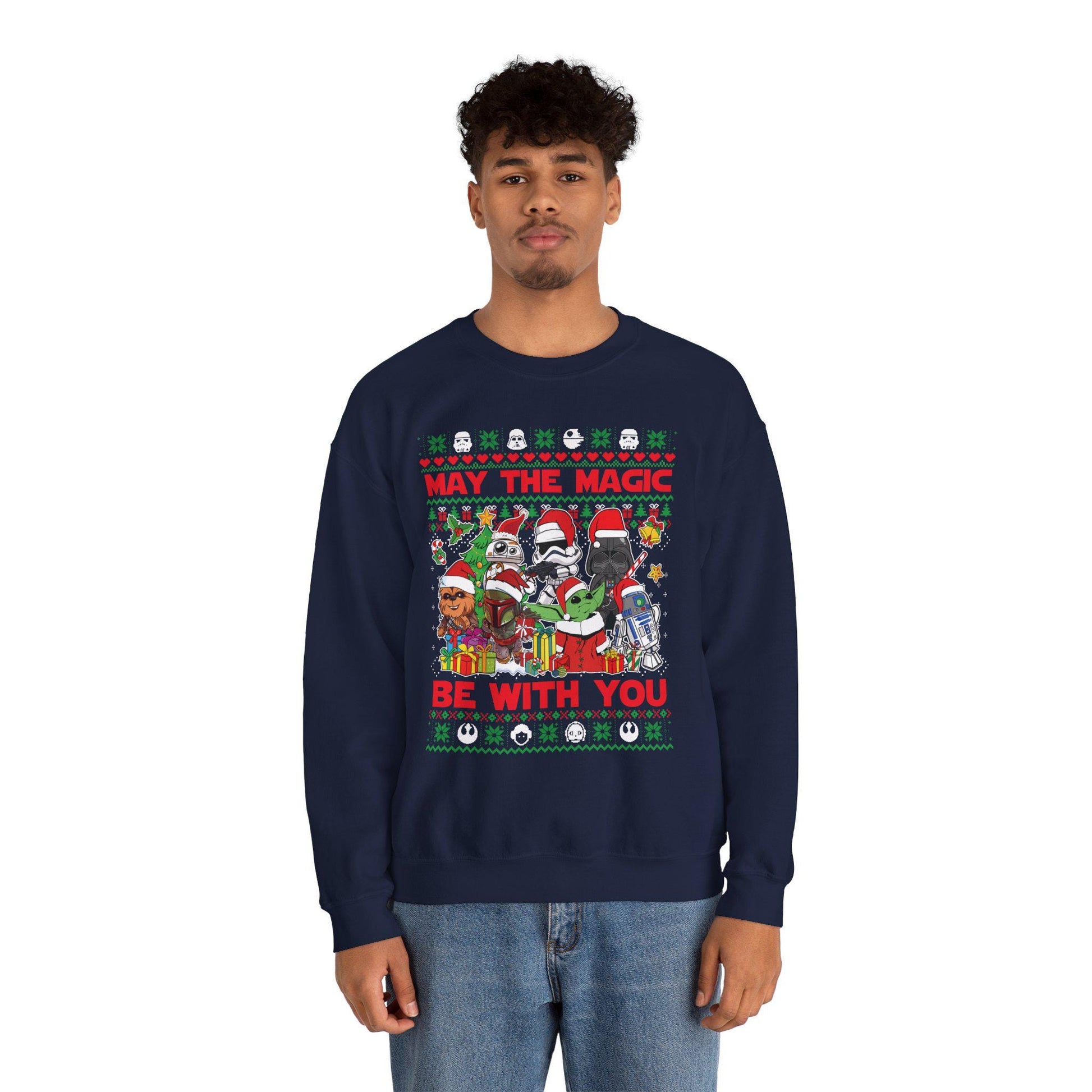 Star Wars Christmas Magic Sweatshirt | May the Holiday Magic Be With You Ugly Christmas Sweater | Retro Sci-Fi Unisex Crewneck
