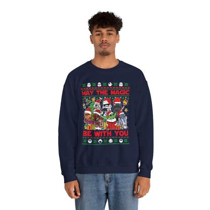 Star Wars Christmas Magic Sweatshirt | May the Holiday Magic Be With You Ugly Christmas Sweater | Retro Sci-Fi Unisex Crewneck