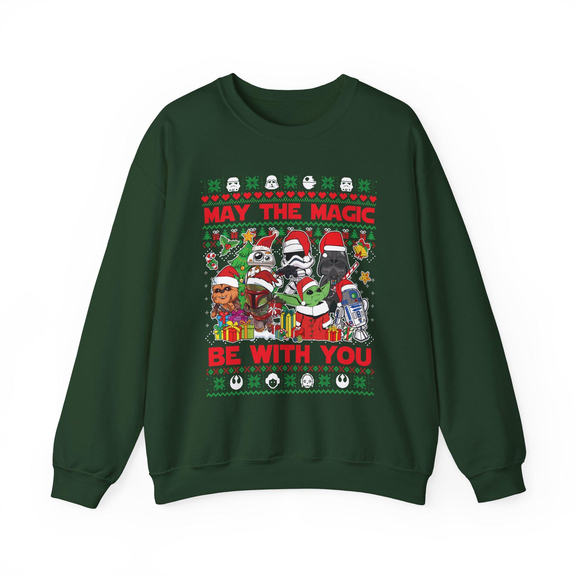 Star Wars Christmas Magic Sweatshirt | May the Holiday Magic Be With You Ugly Christmas Sweater | Retro Sci-Fi Unisex Crewneck
