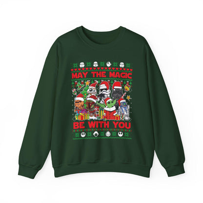 Star Wars Christmas Magic Sweatshirt | May the Holiday Magic Be With You Ugly Christmas Sweater | Retro Sci-Fi Unisex Crewneck