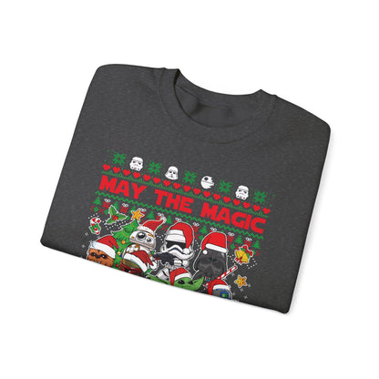 Star Wars Christmas Magic Sweatshirt | May the Holiday Magic Be With You Ugly Christmas Sweater | Retro Sci-Fi Unisex Crewneck