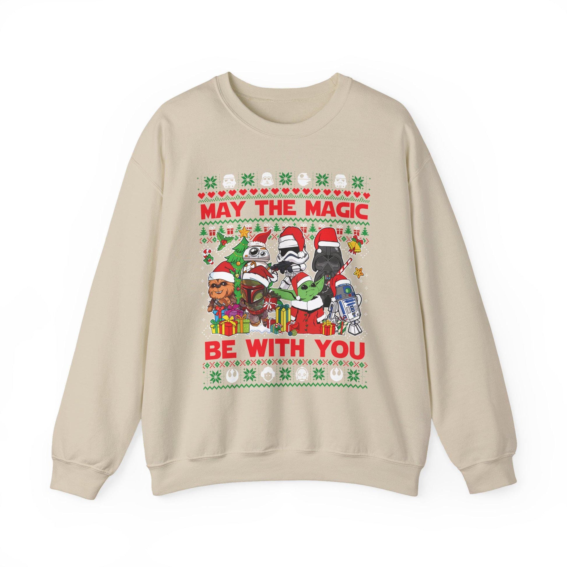 Star Wars Christmas Magic Sweatshirt | May the Holiday Magic Be With You Ugly Christmas Sweater | Retro Sci-Fi Unisex Crewneck