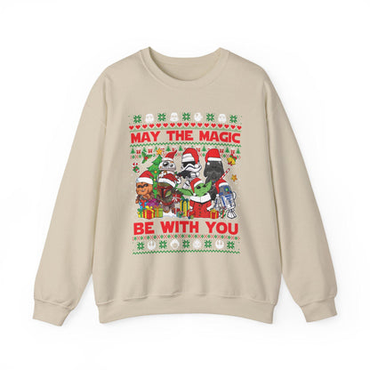 Star Wars Christmas Magic Sweatshirt | May the Holiday Magic Be With You Ugly Christmas Sweater | Retro Sci-Fi Unisex Crewneck