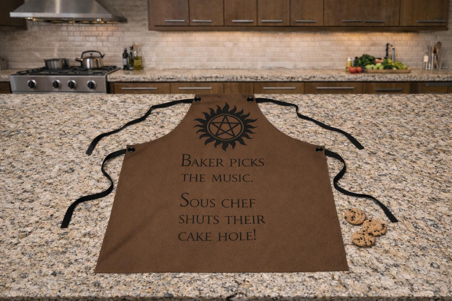 Supernatural Sigil Baker Picks The Music Apron | Kitchen Apron, Brown AOP