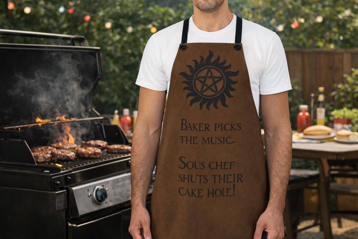 Supernatural Sigil Baker Picks The Music Apron | Kitchen Apron, Brown AOP