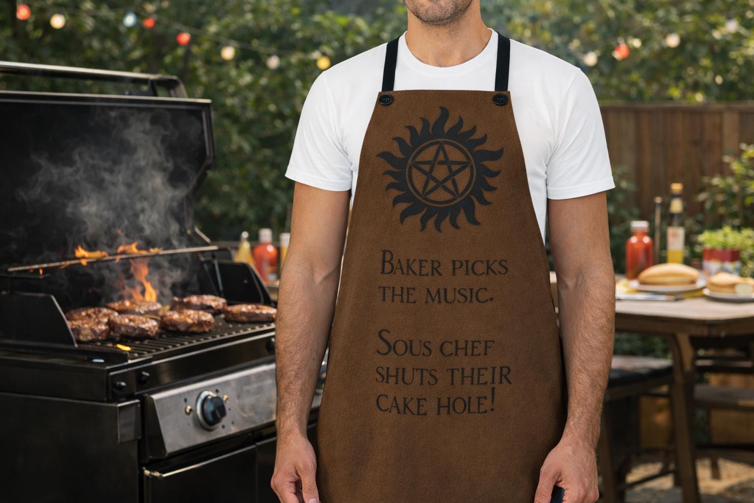 Supernatural Sigil Baker Picks The Music Apron | Kitchen Apron, Brown AOP